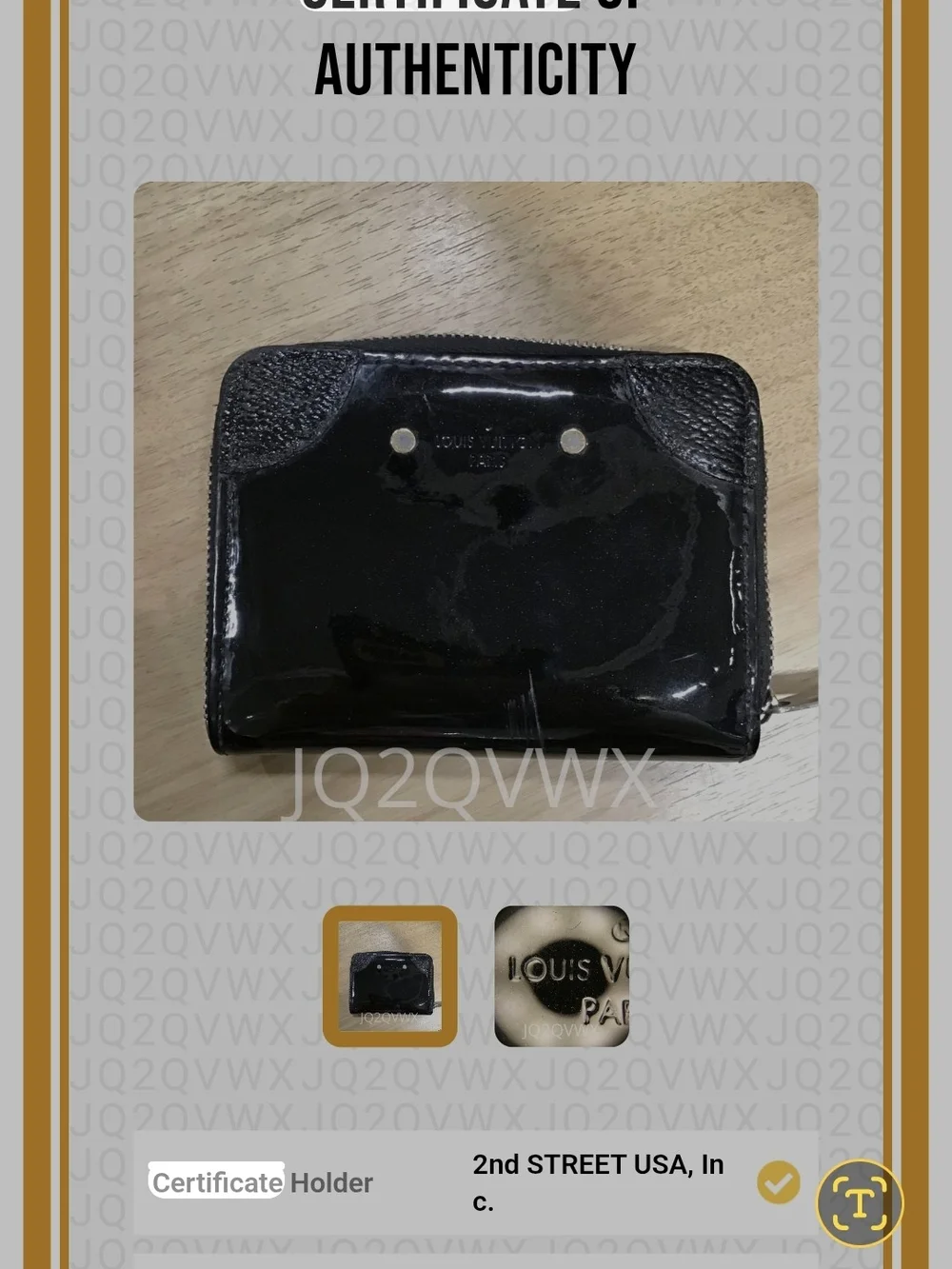Louis Vuitton Small Black Patent Leather Zip Wallet